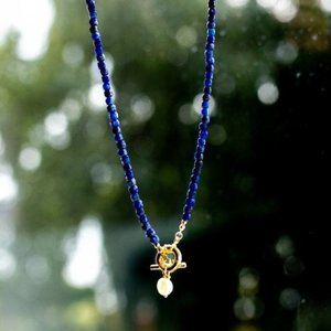 Blue Lapis Lazuli Gemstone Necklace Gold Toggle Clasp Removable Baroque Pearl